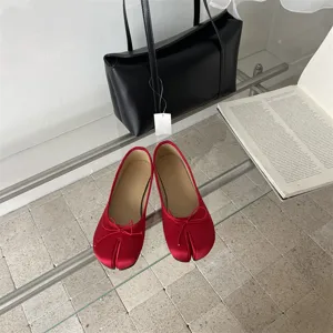 Red satin split toe flat shoes women minimalist stylish tabi ballet flats comfortable footwear