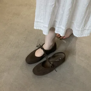 Close-up detail view of stylish brown lace-up leather ballet flat shoes featuring soft soles.