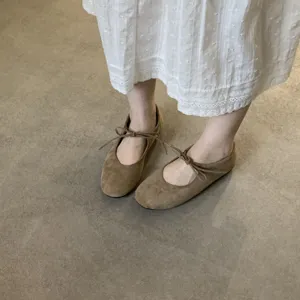 Women brown suede bow ballet flats comfortable flat Mary Jane shoes casual footwear