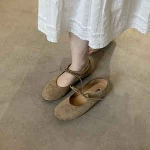 Women brown suede bow tie ballet flats soft sole casual flat shoes Mary Jane shoes daily wear