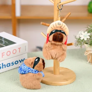 Cute capybara plush keychain bag pendant soft toy with funny eye mask food hat design