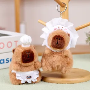 Cute capybara plush keychain detail shot, showing fluffy toy texture, perfect bag charm accessory.