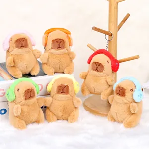 Cute capybara plush keychain with colorful headphones soft animal bag pendant toy.