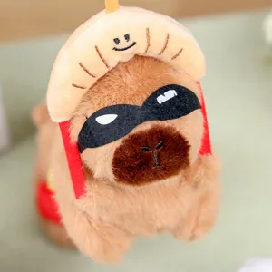 Capybara plush toy pendant wearing dumpling hat and eye mask, cute fluffy bag charm.