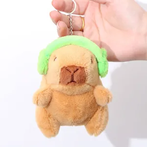 Cute capybara plush keychain with green earmuffs soft stuffed animal bag charm pendant