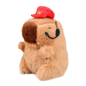 Cute capybara plush toy with red hat and headset, soft stuffed animal bag pendant keychain.