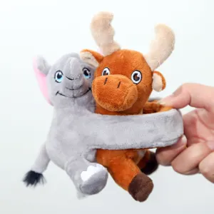 Cute plush slap bracelet with grey elephant and brown moose design, funny children gift.