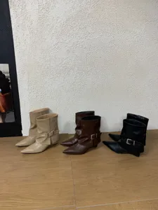 Damen spitze Keilabsatz Stiefeletten Slouchy Mode Stiefel Freizeitschuhe mit Schnalle