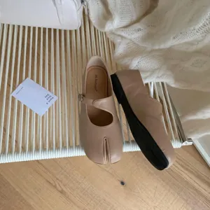 French split toe flat mary jane shoes soft sole beige shallow single shoes detail view