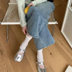 Women's French split toe flat Mary Jane shoes casual silver soft sole shallow shoes