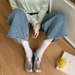 Silver split toe mary jane flat shoes women fashion casual footwear with soft bottom and ankle strap.