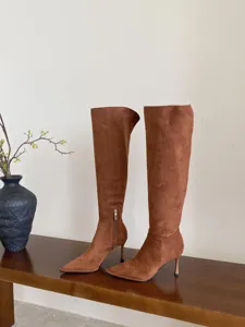Chique puntige hoge hak suede lange laarzen voor dames, elegante herfst schoenen.