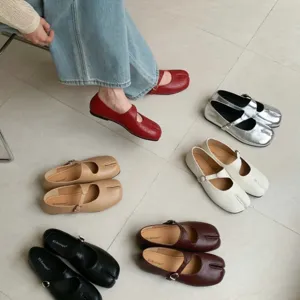 French Vintage Split Toe Flat Shoes For Women Soft Sole Mary Jane Low Cut Casual Walking Footwear Elegant Party
