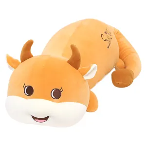 Simpatico cuscino in peluche di toro a coda lunga, morbido animale di peluche per il letto.
