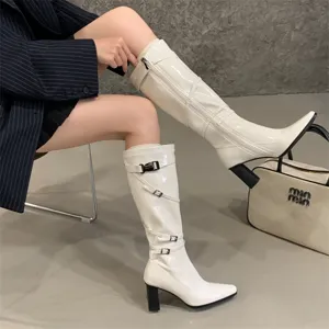 Botas altas blancas para mujer punta afilada tacón ancho charol botas de caballero elegantes