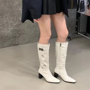 Botas altas blancas de cuero para mujer punta tacón ancho hebilla zapatos de moda