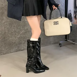 Botas altas brillantes de tacón alto con hebillas para mujer moda otoño invierno chic