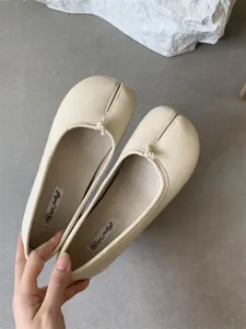 Beige split toe flat shoes women soft leather tabi ballet flats casual slip on footwear