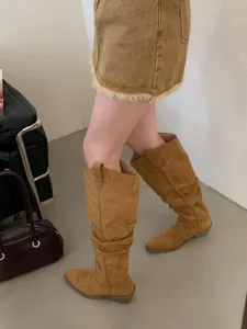Bottes hautes slouchy rétro à bout pointu et talon épais pour femmes, style western.