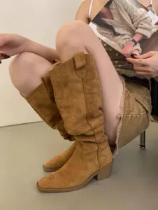 Bottes western en suède rétro pour femmes, bottes hautes élégantes à talons épais.