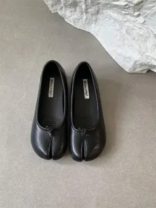 Women's black split toe leather flats stylish casual shoes detail view daily wear comfort.