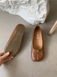 Women brown soft leather split-toe flat shoes casual minimalist slip-on daily footwear.