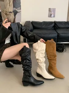 Vue détaillée de bottes souples rétro pour femmes avec bout pointu et talons hauts massifs.