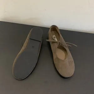 Brown suede lace-up ballet flats women casual soft sole mary jane shoes detail view
