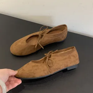 Women brown suede lace up bow ballet flats comfortable casual flat shoes for daily wear