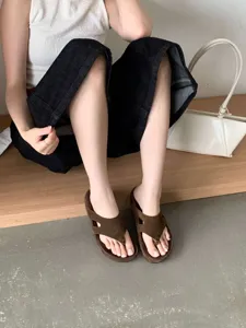 Women brown suede thong sandals thick sole casual beach slippers comfortable footwear detail view
