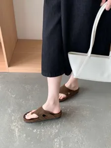 Womens brown suede thong sandals casual comfortable flat beach shoes summer footwear fashion