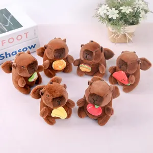 Cute capybara plush keychain toy holding mini food fruits, soft stuffed doll pendant gift bag charm.