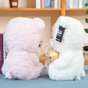 Cute plush teddy bear set with milk tea toy, soft stuffed animal doll gift for kids.