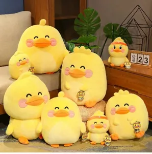 Detailed view of popular energetic yellow duck plush toy dolls, cute cartoon home decor.
