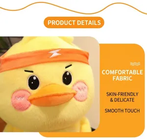 Detailed close-up of the cute yellow plush duck toy head, soft fabric and lovely design features.