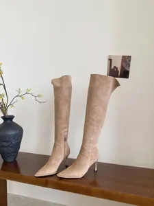 Gedetailleerd overzicht van elegante puntige stiletto hoge laarzen, chique Franse mode.