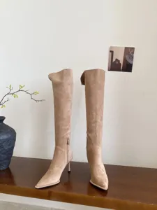 Detailopname van elegante laarzen met punt neus en hoge hak, stijlvol winterschoeisel.