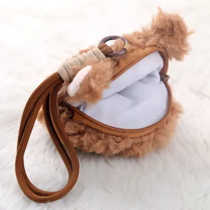 Carino portamonete in peluche marrone con zip, morbida borsetta portachiavi e ciondolo carino.