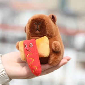 Close-up detail of cute capybara plush holding a hot dog toy, soft texture and cute design.