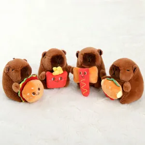 Detailed view of cute capybara plush toys holding tiny fast food items like burgers and fries.