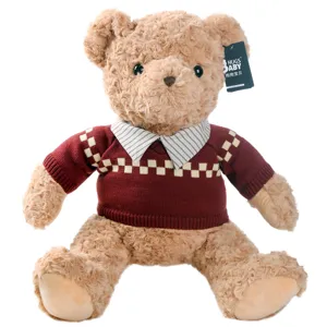 Cute brown teddy bear plush toy wearing retro sweater and striped collar, kids gift.
