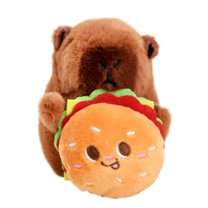 Cute brown capybara plush toy holding a burger stuffed doll lovely keychain gift.