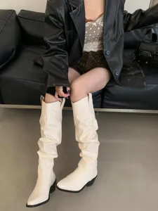 Femmes vintage souple bout pointu talon epais bottes longues bottes occidentales blanc
