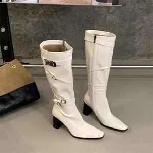 Botas altas blancas mujer tacón grueso punta puntiaguda hebilla largas botas moda