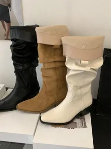 Bottes plissées vintage à bout pointu, talons épais bottes de cavalier pour femmes.