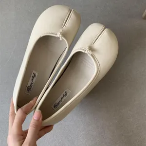 Women beige soft leather split toe flat shoes casual comfortable tabi shoes daily wear footwear