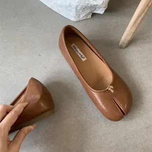 Brown split-toe flat shoes for women, minimalist soft leather soft sole tabi casual footwear.