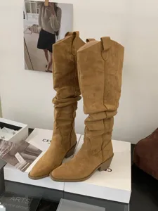 Femmes vintage slouchy pointu talon epais genou haute western bottes cowboy daim marron