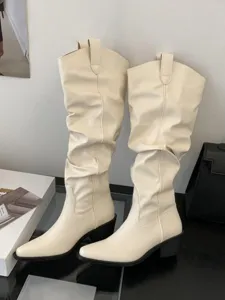 Bottes hautes plissées rétro pour femmes bout pointu bottes de cowboy western.