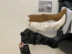 Bottes hautes plissées rétro à talon épais, bottes de cowboy western pour femmes.